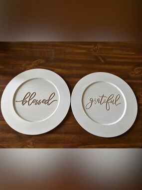 Neutral White 'Blessed' & 'Grateful' Decorative Wood Wall Plaques/ Chargers